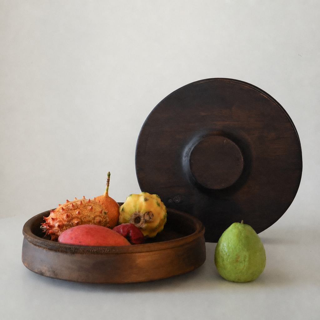 Handcrafted Solid Wood Round Fruit Tray | Mid-Century Wabi-Sabi Serving Plate