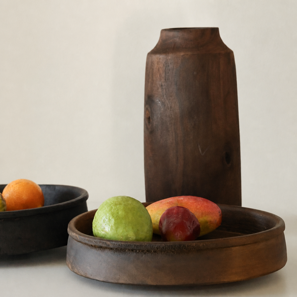 Handcrafted Solid Wood Round Fruit Tray | Mid-Century Wabi-Sabi Serving Plate
