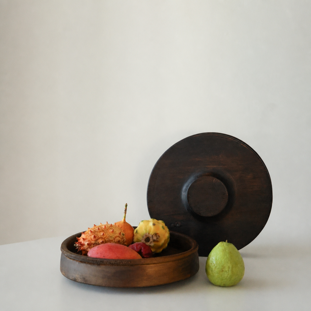 Handcrafted Solid Wood Round Fruit Tray | Mid-Century Wabi-Sabi Serving Plate